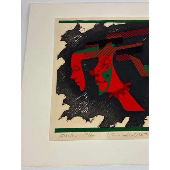 Vtg 1977 Mask Wood Block Print Japanese Kunihiro Amano Signed Numbered Framed - Picture 2 of 16